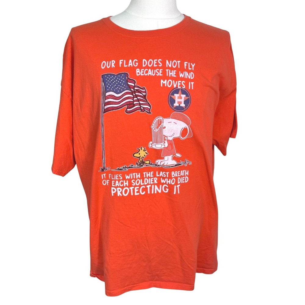 Vintage Mens 2XL Orange Houston Astros Snoopy USA Flag Patriotic Graphic T-Shirt